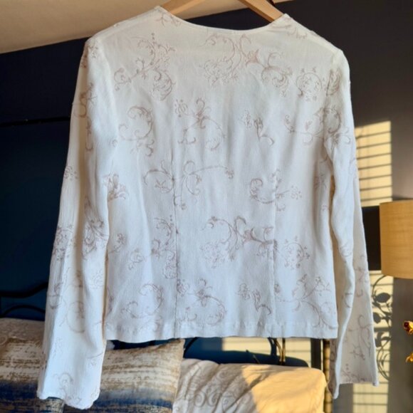 J Jill Cream w Delicate Tan Embroidery Faux Wrap Top - Picture 5 of 8